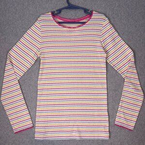 Mini Boden Shirt Girls 11/12 Pink Blue Stripe Pointelle Lace Trim Long Sleeve